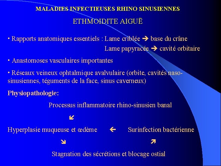 MALADIES INFECTIEUSES RHINO SINUSIENNES ETHMOIDITE AIGUË • Rapports anatomiques essentiels : Lame criblée base