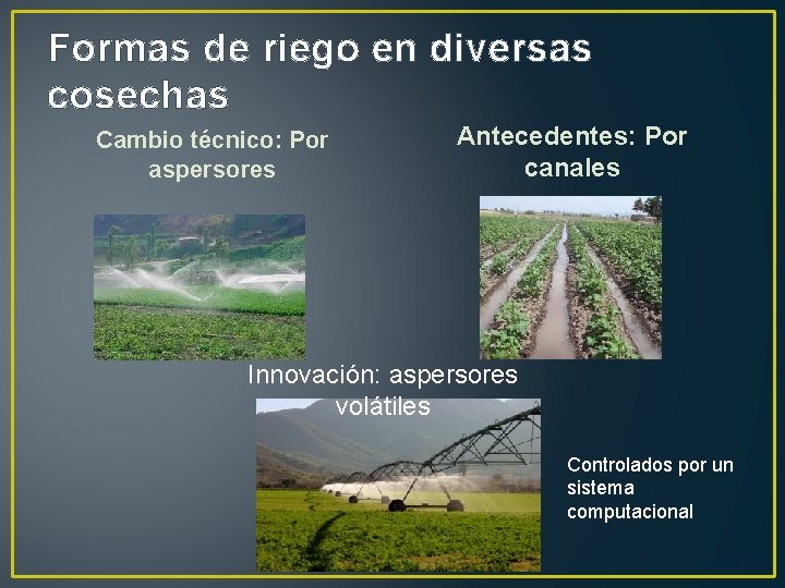 Formas de riego en diversas cosechas Cambio técnico: Por aspersores Antecedentes: Por canales Innovación: