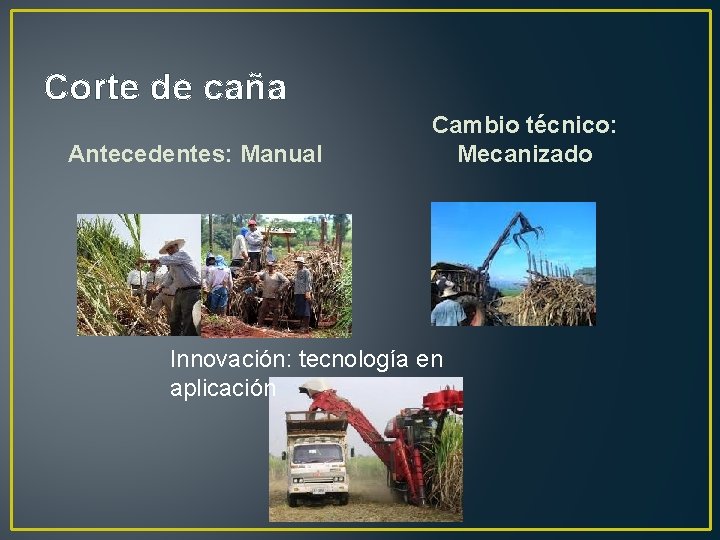 Corte de caña Antecedentes: Manual Cambio técnico: Mecanizado Innovación: tecnología en aplicación 