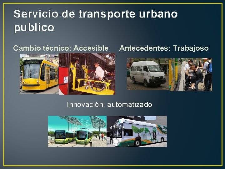 Servicio de transporte urbano publico Cambio técnico: Accesible Antecedentes: Trabajoso Innovación: automatizado 