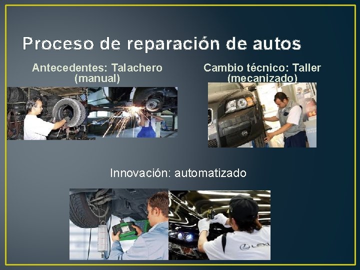 Proceso de reparación de autos Antecedentes: Talachero (manual) Cambio técnico: Taller (mecanizado) Innovación: automatizado