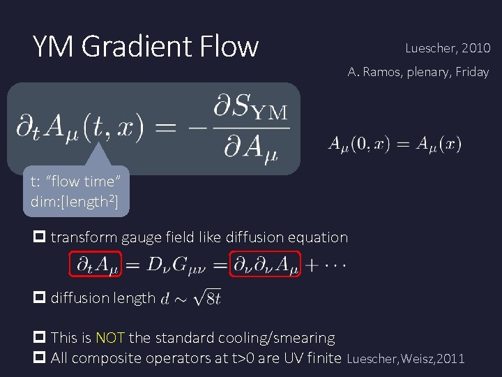 YM Gradient Flow Luescher, 2010 A. Ramos, plenary, Friday t: “flow time” dim: [length YM Gradient Flow Luescher, 2010 A. Ramos, plenary, Friday t: “flow time” dim: [length
