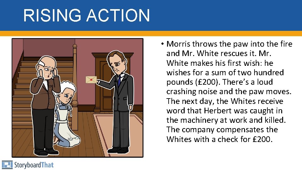 RISING ACTION • Morris throws the paw into the fire and Mr. White rescues