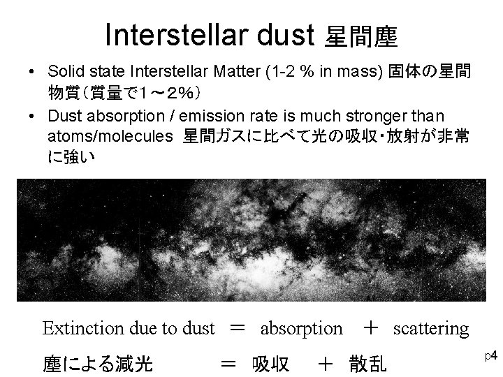 Interstellar dust 星間塵 • Solid state Interstellar Matter (1 -2 % in mass) 固体の星間 Interstellar dust 星間塵 • Solid state Interstellar Matter (1 -2 % in mass) 固体の星間