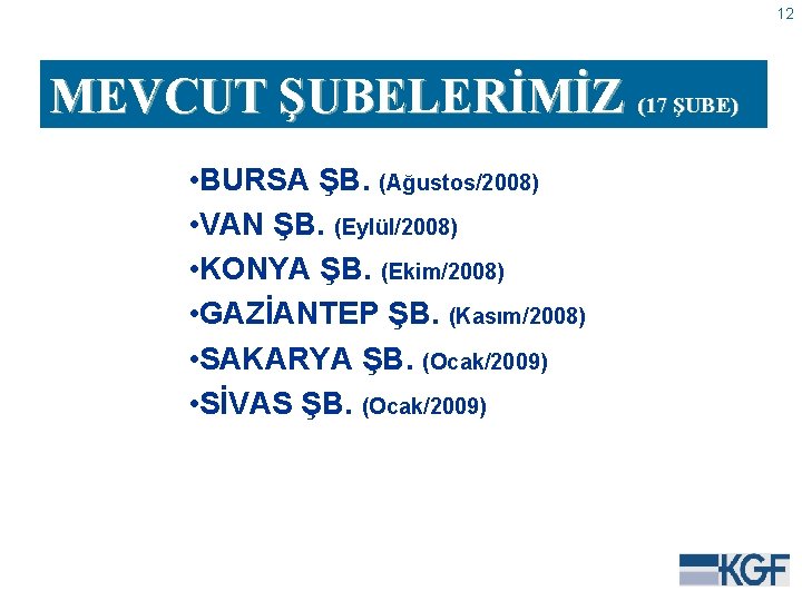 12 MEVCUT ŞUBELERİMİZ (17 ŞUBE) • BURSA ŞB. (Ağustos/2008) • VAN ŞB. (Eylül/2008) •