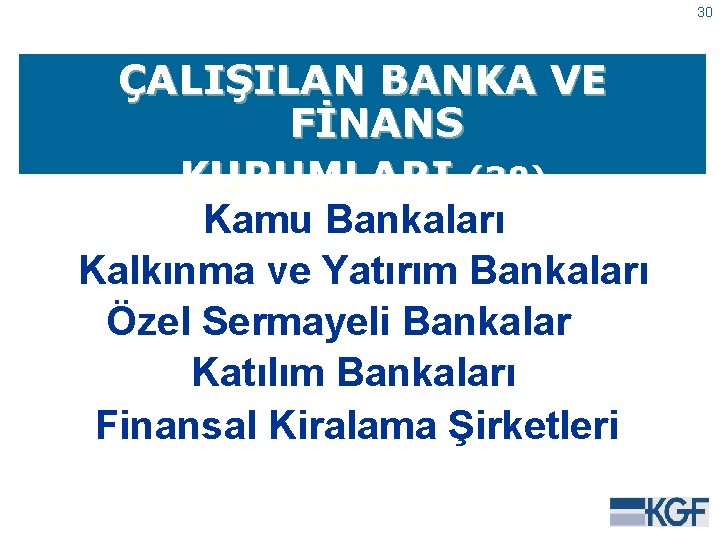 30 ÇALIŞILAN BANKA VE FİNANS KURUMLARI (38) Kamu Bankaları Kalkınma ve Yatırım Bankaları Özel