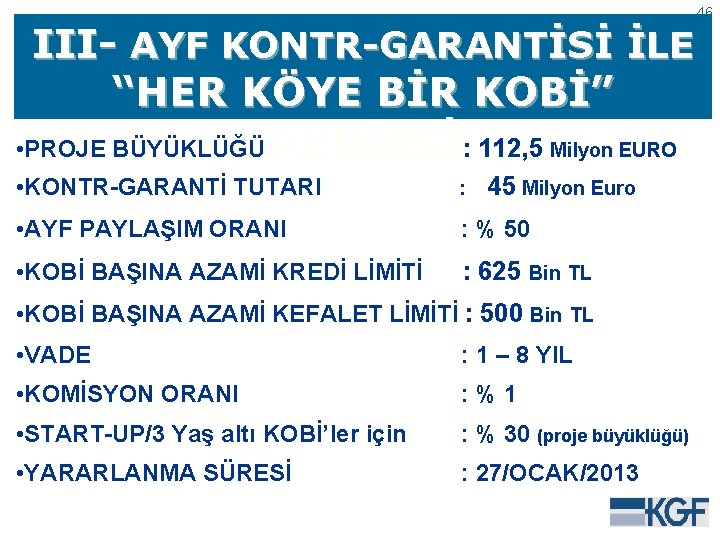 III- AYF KONTR-GARANTİSİ İLE “HER KÖYE BİR KOBİ” • PROJE BÜYÜKLÜĞÜPROJESİ : 112, 5