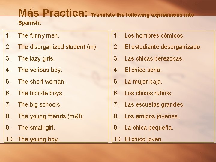 Más Practica: Translate the following expressions into Spanish: 1. The funny men. 1. Los