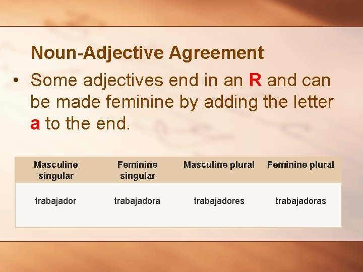 Noun-Adjective Agreement • Some adjectives end in an R and can be made feminine