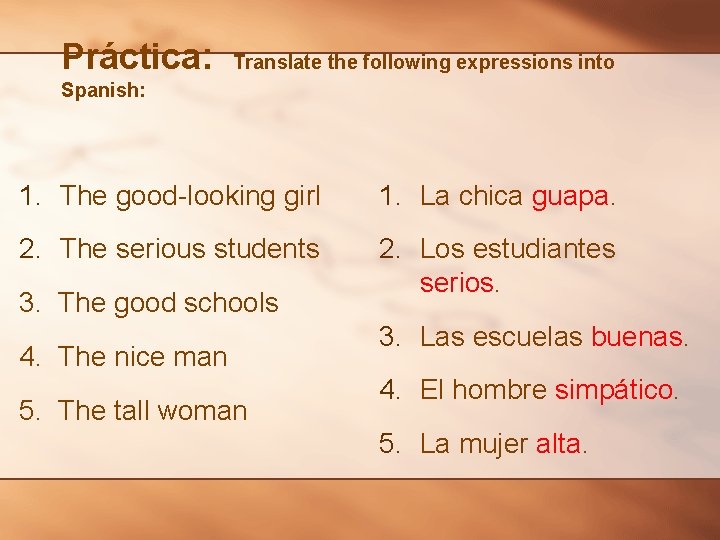 Práctica: Translate the following expressions into Spanish: 1. The good-looking girl 1. La chica