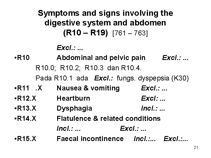 Symptoms and signs involving the digestive system and abdomen (R 10 – R 19)