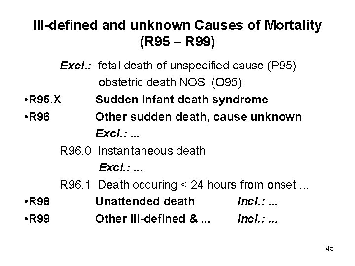 Ill-defined and unknown Causes of Mortality (R 95 – R 99) Excl. : fetal