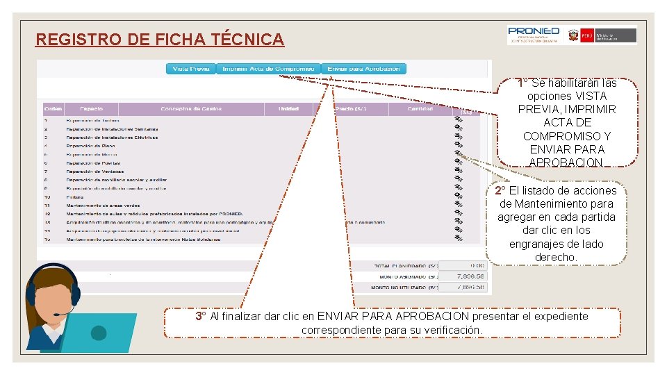 REGISTRO DE FICHA TÉCNICA 1° Se habilitarán las opciones VISTA PREVIA, IMPRIMIR ACTA DE