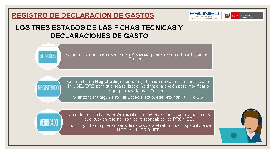 REGISTRO DE DECLARACION DE GASTOS LOS TRES ESTADOS DE LAS FICHAS TECNICAS Y DECLARACIONES