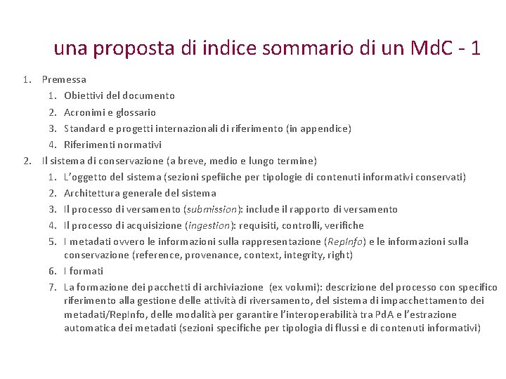 una proposta di indice sommario di un Md. C - 1 1. Premessa 1.