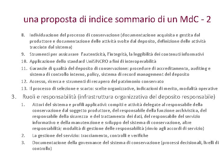 una proposta di indice sommario di un Md. C - 2 8. Individuazione del