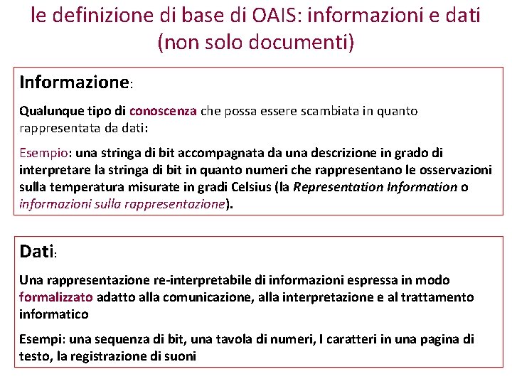 le definizione di base di OAIS: informazioni e dati (non solo documenti) Informazione: Qualunque