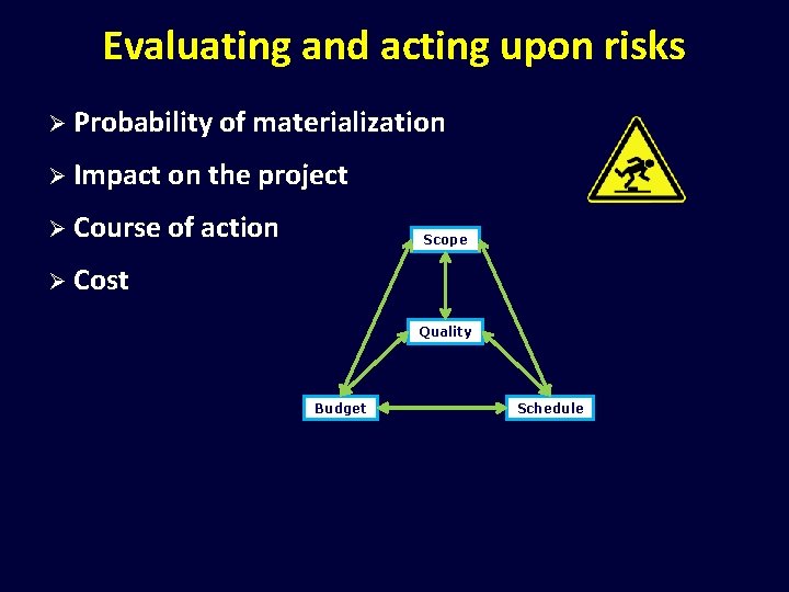 Evaluating and acting upon risks Ø Probability of materialization Ø Impact on the project