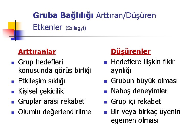 Gruba Bağlılığı Arttıran/Düşüren Etkenler (Szilagyi) n n n Arttıranlar Grup hedefleri konusunda görüş birliği