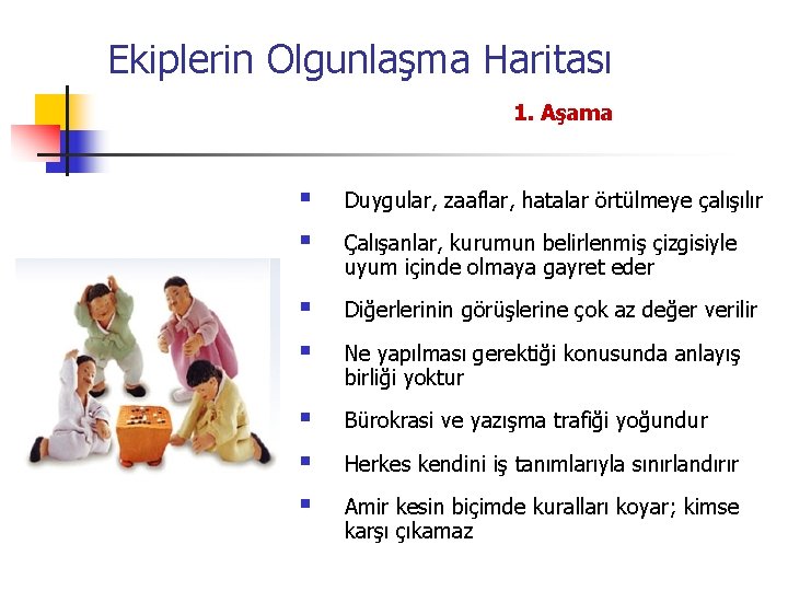 Ekiplerin Olgunlaşma Haritası 1. Aşama § § Duygular, zaaflar, hatalar örtülmeye çalışılır § §