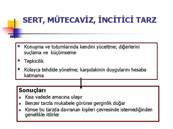 SERT, MÜTECAVİZ, İNCİTİCİ TARZ § Konuşma ve tutumlarında kendini yüceltme; diğerlerini suçlama ve küçümseme