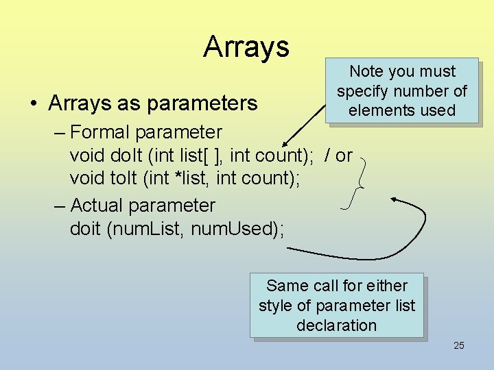 Arrays • Arrays as parameters Note you must specify number of elements used –