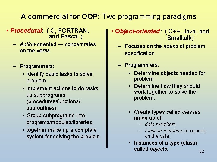 A commercial for OOP: Two programming paradigms • Procedural: ( C, FORTRAN, and Pascal