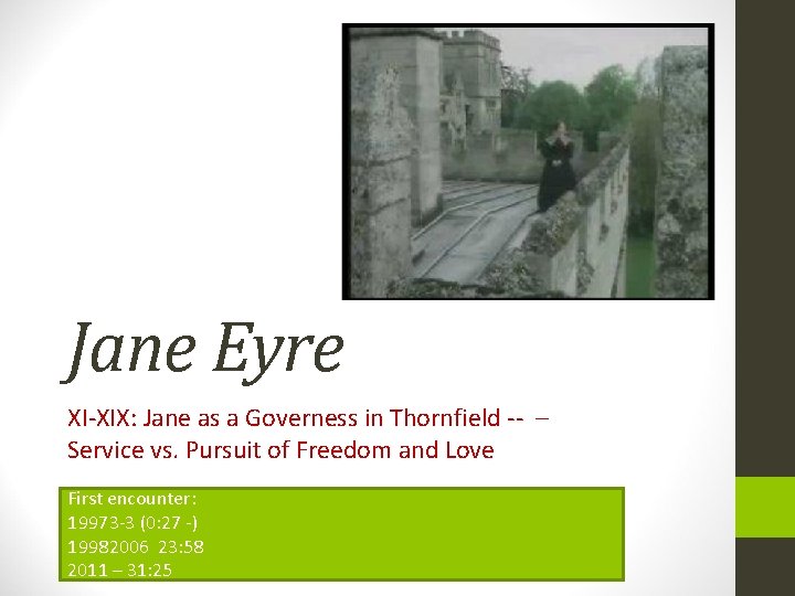 Jane Eyre XI-XIX: Jane as a Governess in Thornfield -- – Service vs. Pursuit