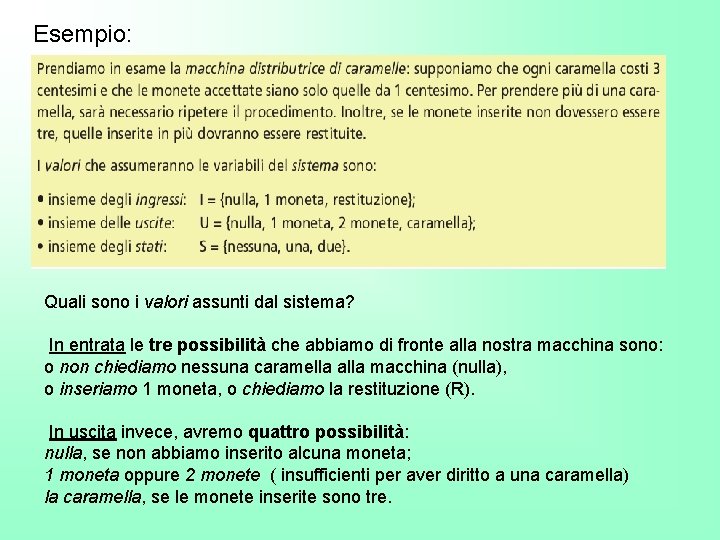 Esempio: Quali sono i valori assunti dal sistema? In entrata le tre possibilità che