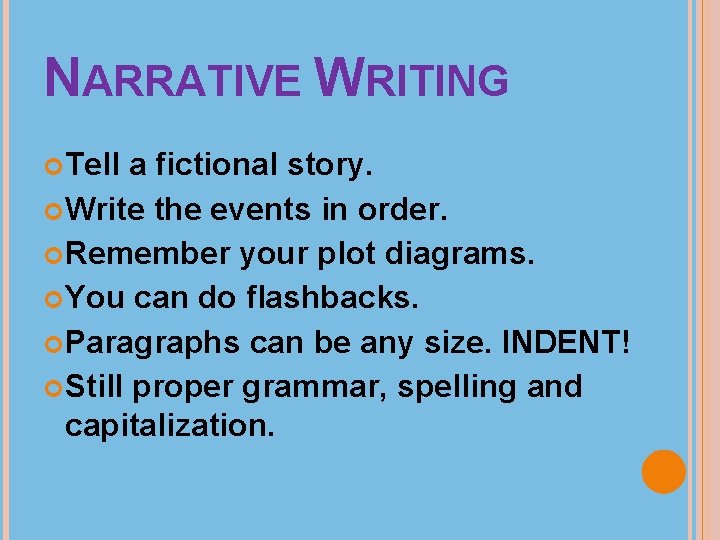 NARRATIVE WRITING Tell a fictional story. Write the events in order. Remember your plot