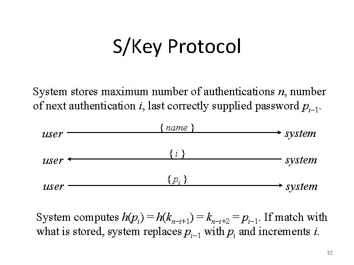 S/Key Protocol System stores maximum number of authentications n, number of next authentication i,