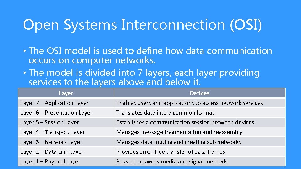 Open Systems Interconnection (OSI) • The OSI model is used to define how data