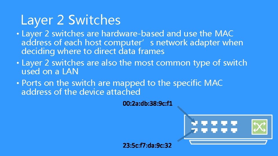 Layer 2 Switches • Layer 2 switches are hardware-based and use the MAC address