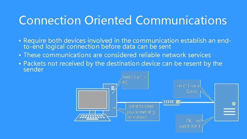 Connection Oriented Communications • Require both devices involved in the communication establish an endto-end