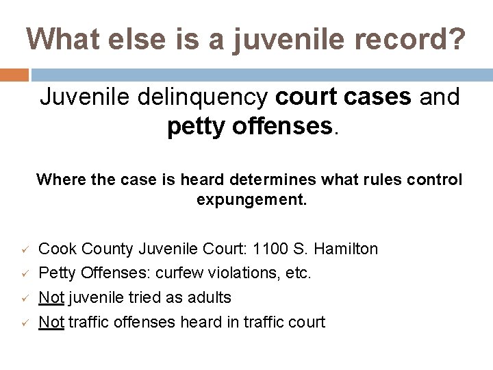 What else is a juvenile record? Juvenile delinquency court cases and petty offenses. Where What else is a juvenile record? Juvenile delinquency court cases and petty offenses. Where