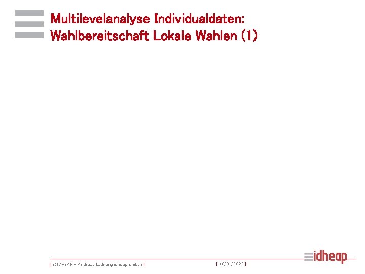 Multilevelanalyse Individualdaten: Wahlbereitschaft Lokale Wahlen (1) | ©IDHEAP – Andreas. Ladner@idheap. unil. ch |