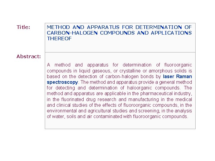 Title: METHOD AND APPARATUS FOR DETERMINATION OF CARBON-HALOGEN COMPOUNDS AND APPLICATIONS THEREOF Abstract: A