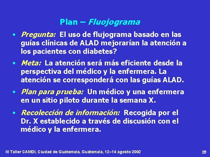 Plan – Fluojograma • Pregunta: El uso de flujograma basado en las guías clínicas
