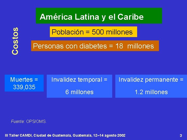 Costos América Latina y el Caribe Población = 500 millones Personas con diabetes =
