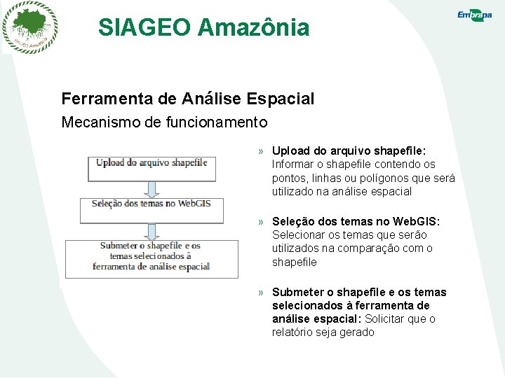 SIAGEO Amazônia Ferramenta de Análise Espacial Mecanismo de funcionamento » Upload do arquivo shapefile: