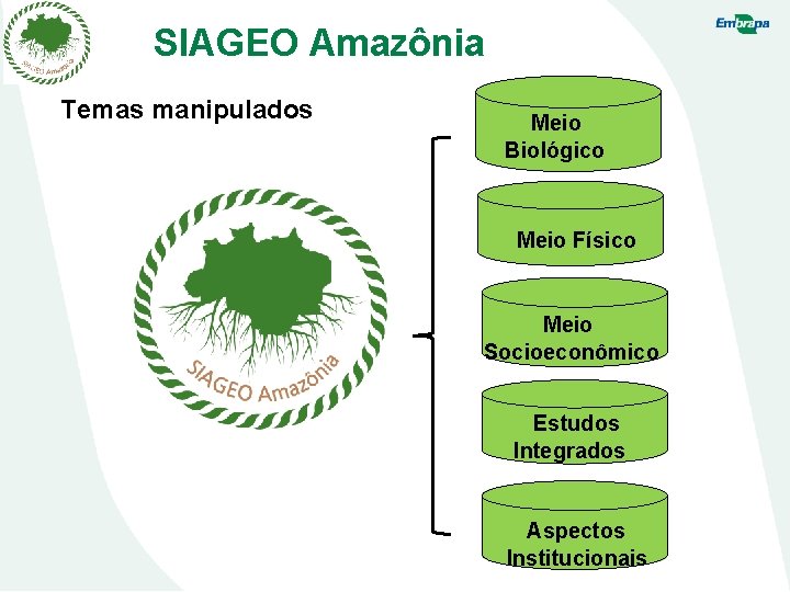 SIAGEO Amazônia Temas manipulados Meio Biológico Meio Físico Meio Socioeconômico Estudos Integrados Aspectos Institucionais