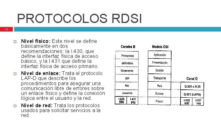 PROTOCOLOS RDSI 1, 2 Nivel físico: Este nivel se define básicamente en dos recomendaciones: