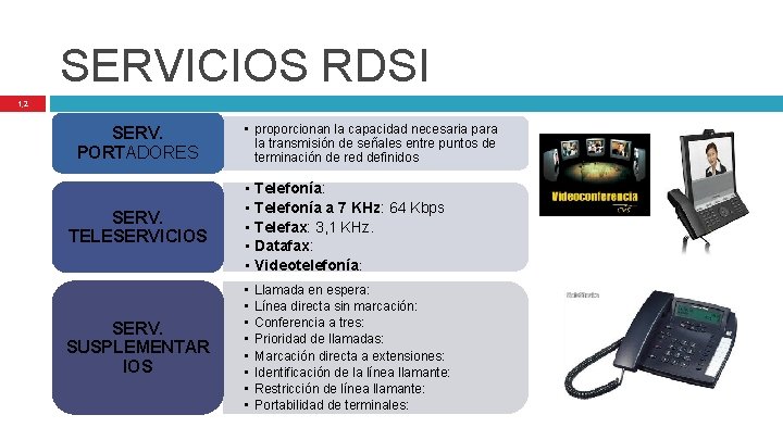 SERVICIOS RDSI 1, 2 SERV. PORTADORES • proporcionan la capacidad necesaria para la transmisión
