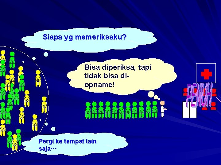 Siapa yg memeriksaku? Bisa diperiksa, tapi tidak bisa diopname! Pergi ke tempat lain saja…