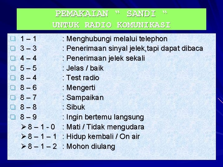 PEMAKAIAN “ SANDI “ UNTUK RADIO KOMUNIKASI q q q q q 1– 1