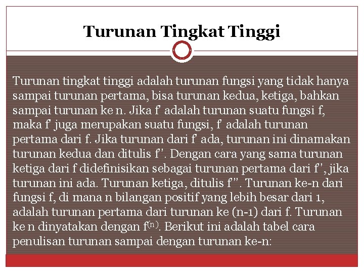 Turunan Tingkat Tinggi Turunan tingkat tinggi adalah turunan fungsi yang tidak hanya sampai turunan
