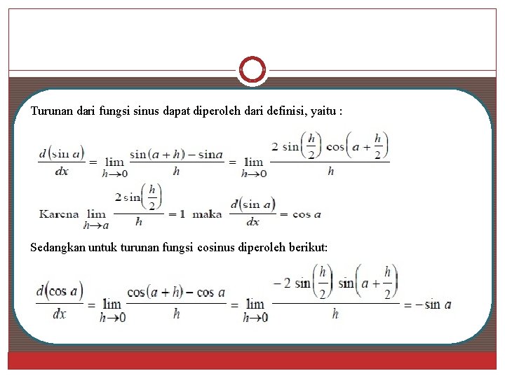 Turunan dari fungsi sinus dapat diperoleh dari definisi, yaitu : Sedangkan untuk turunan fungsi