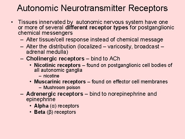 Autonomic Neurotransmitter Receptors • Tissues innervated by autonomic nervous system have one or more Autonomic Neurotransmitter Receptors • Tissues innervated by autonomic nervous system have one or more