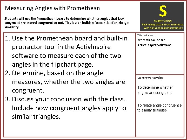 S Measuring Angles with Promethean Students will use the Promethean board to determine whether