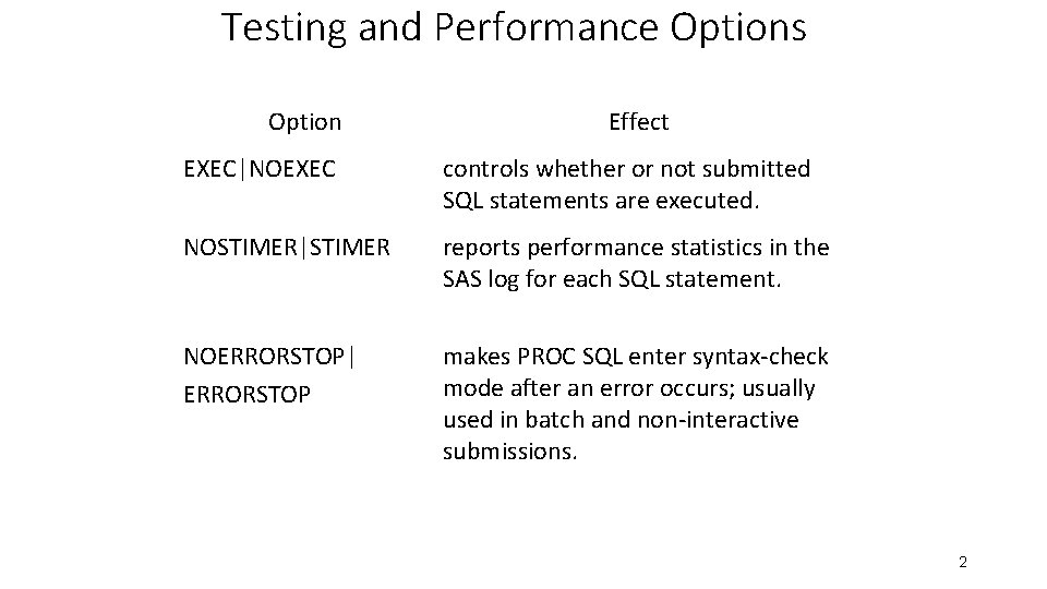 Testing and Performance Options Option Effect EXEC|NOEXEC controls whether or not submitted SQL statements